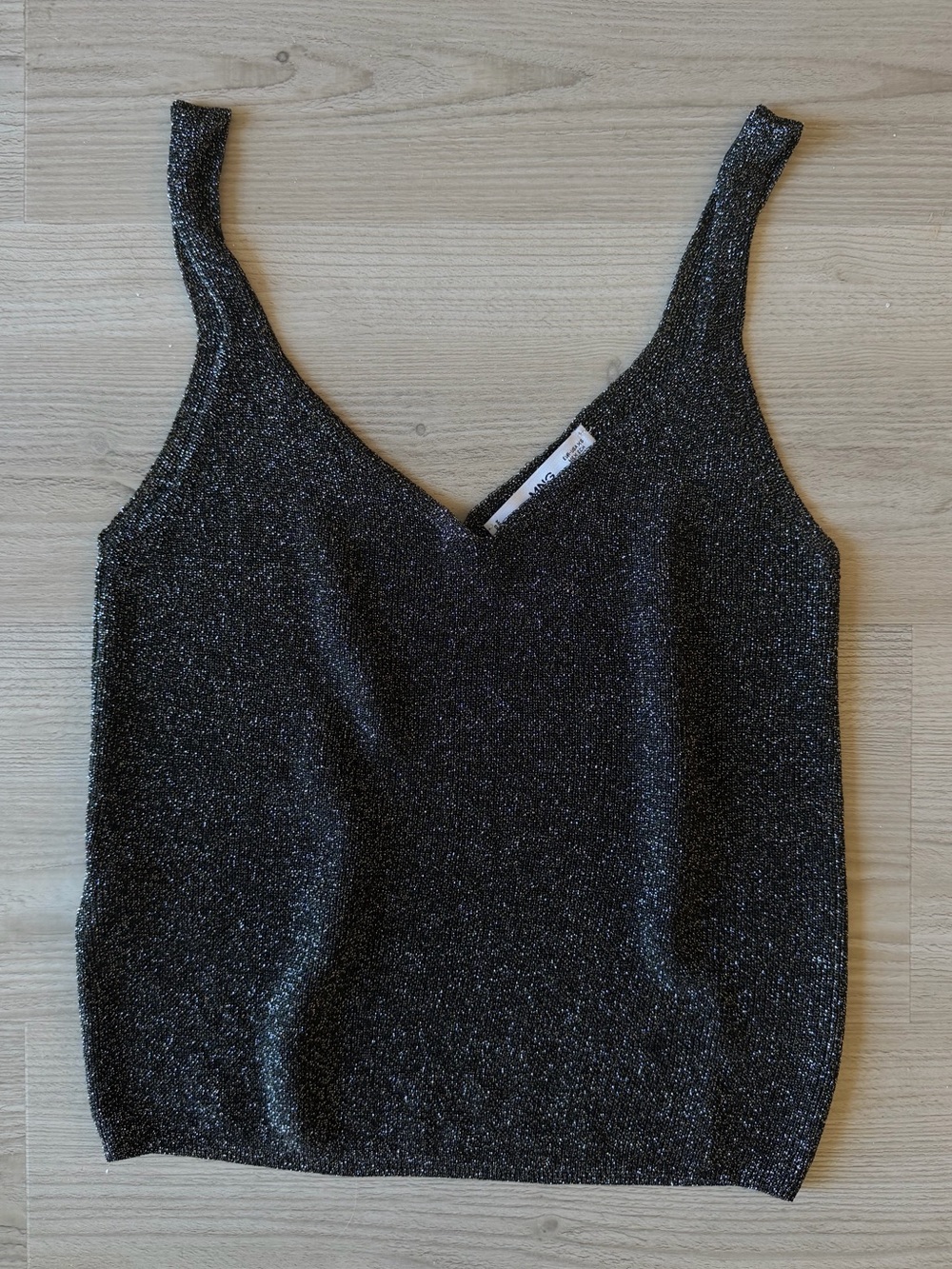 Mango Kling Black Metallic Glitter V-Neck Cami Tank Top Y2K